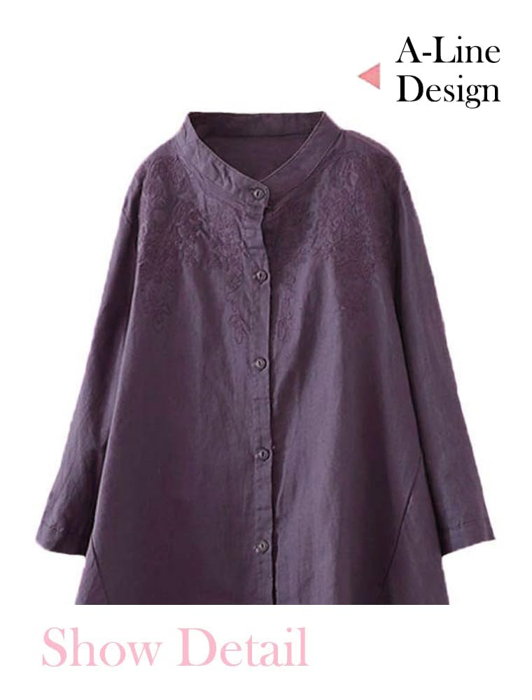 Minibee Women's Cotton Linen Shirt High Low Button Down Embroidered Blouse Long Sleeve Tunic Tops Purple M - Image 3